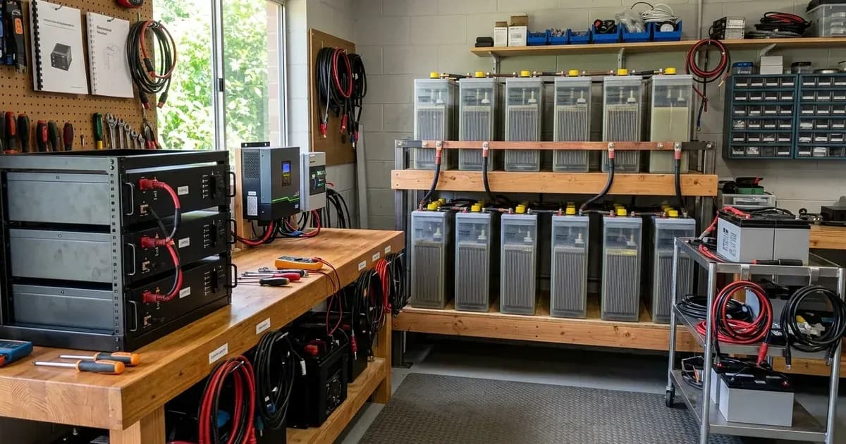 Multiple battery storage types including rack-mounted lithium modules and tubular cells in an electrical workshop. — SolarNevs spec card