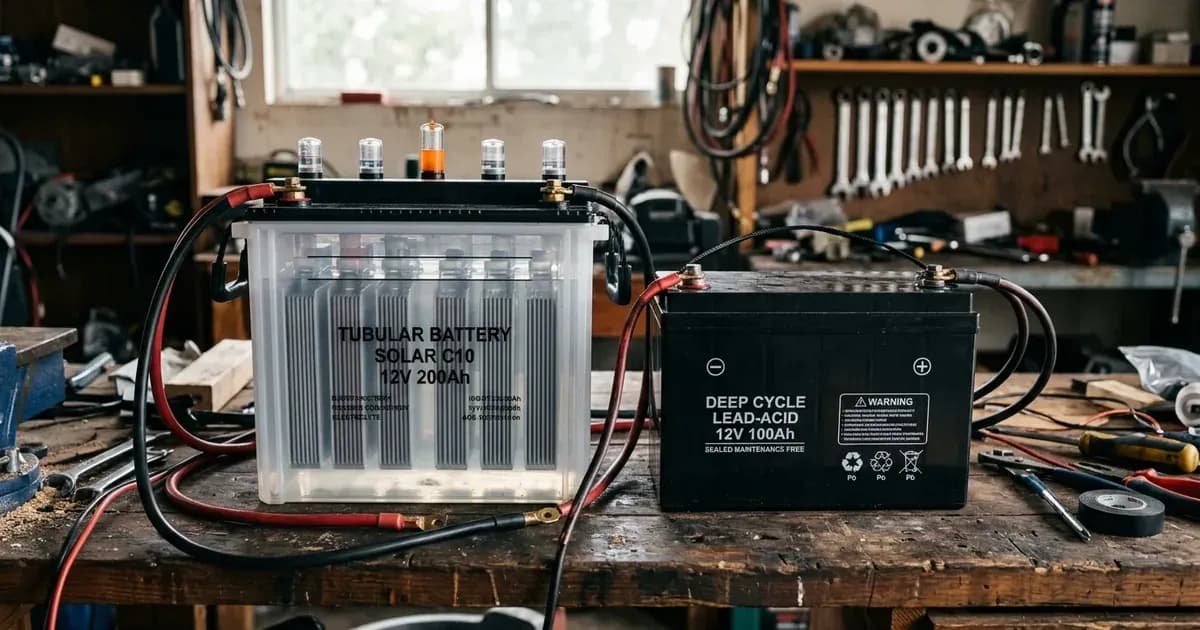A tall transparent tubular solar battery and a sealed black flat plate deep cycle battery on a workbench. — SolarNevs spec card