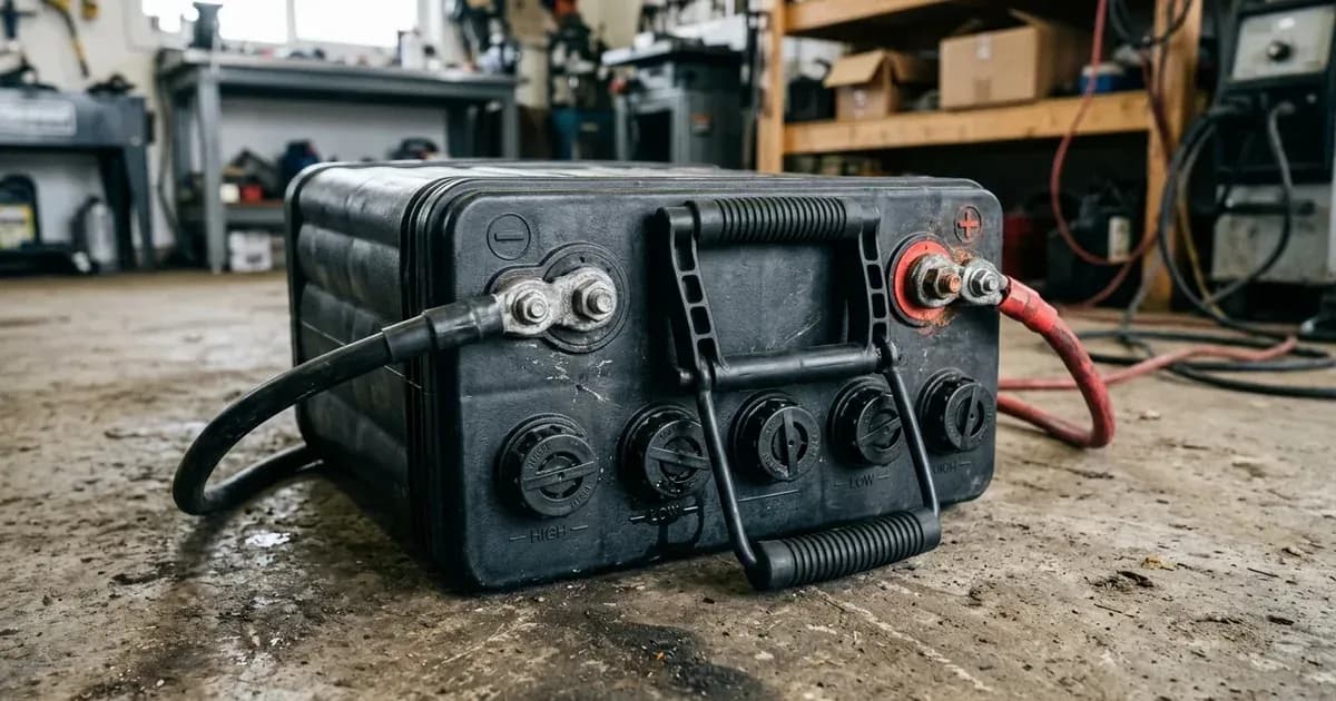 A heavy-duty solar battery with thick connected cables, vent caps, and carrying handle resting on a workshop floor. — SolarNevs spec card