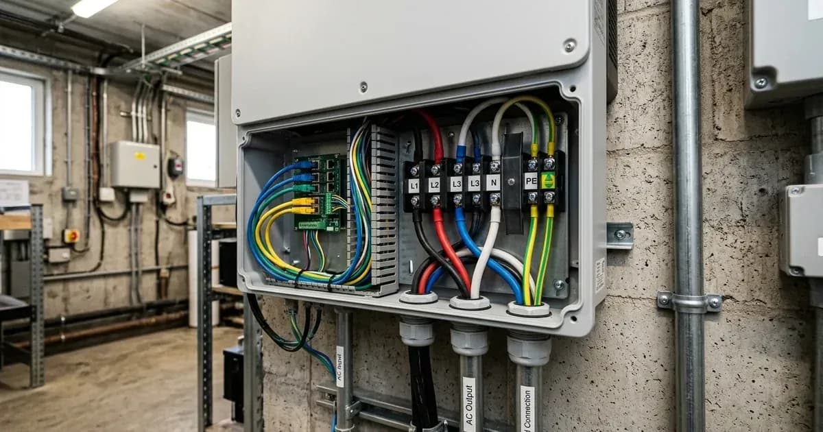 Open lower wiring compartment of a commercial solar inverter displaying data cables and three-phase AC terminals. — SolarNevs spec card
