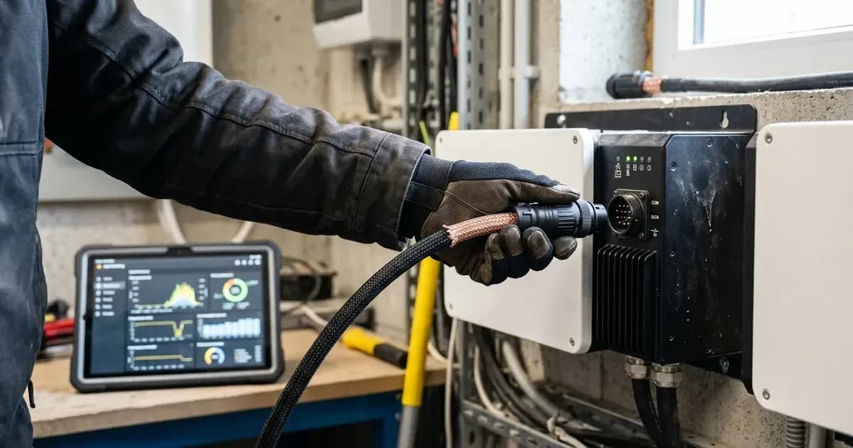 Installer plugging braided communication cable into a battery unit with monitoring app displayed on a nearby tablet. — SolarNevs spec card