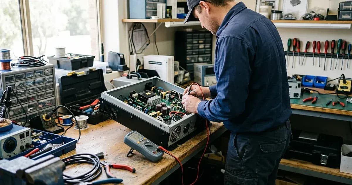 A technician testing an open inverter chassis with a multimeter in a repair workshop. — SolarNevs spec card