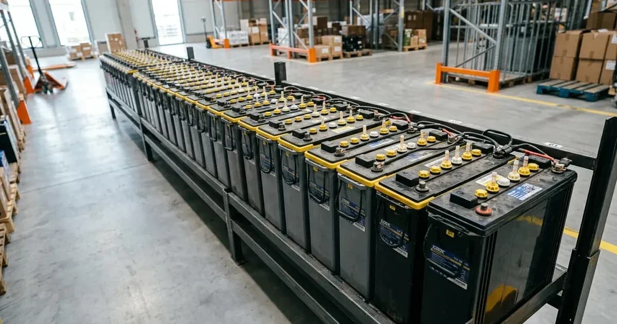 A long row of tubular lead-acid batteries arranged on metal racks inside a bright warehouse. — SolarNevs spec card