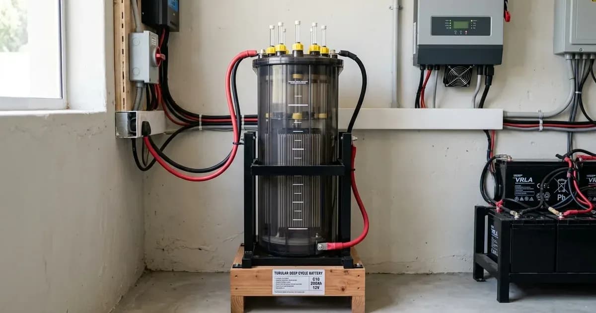 A tall tubular deep-cycle battery wired to an inverter system on a utility room floor. — SolarNevs spec card