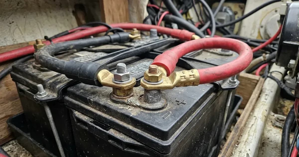 Close-up of heavy-gauge red and black electrical cables bolted to battery terminals. — SolarNevs spec card
