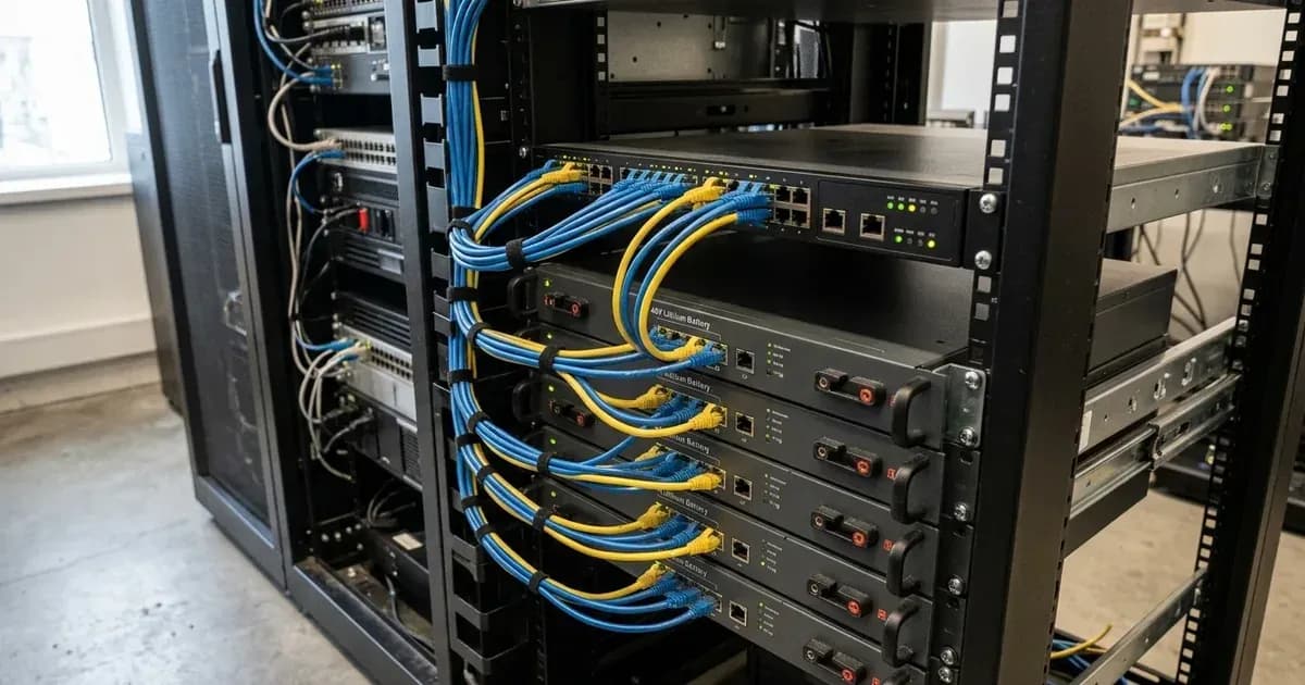 Server rack cabinet with stacked battery modules connected via blue and yellow network communication cables. — SolarNevs spec card