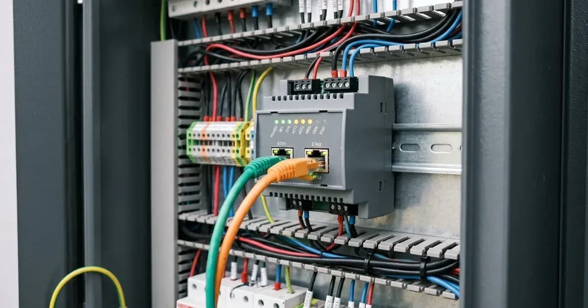 DIN rail mounted communication gateway module with connected ethernet cables in an electrical enclosure. — SolarNevs spec card