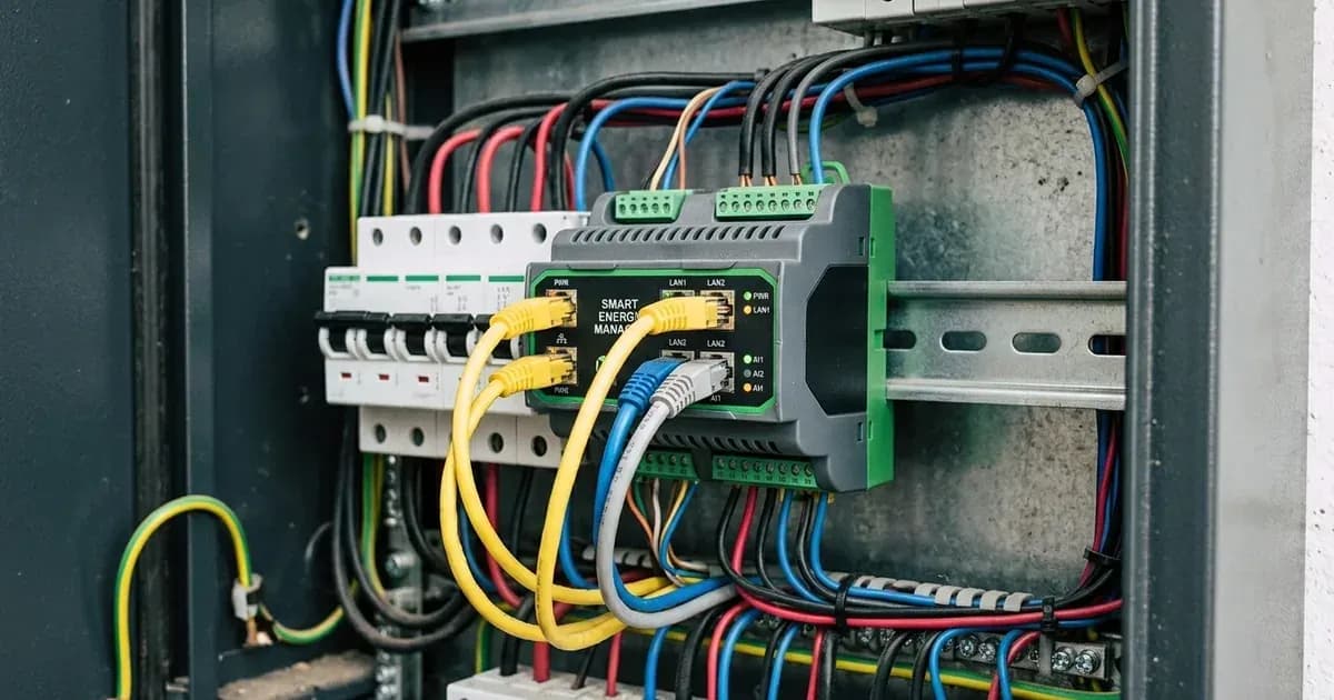 DIN rail mounted energy manager module wired with network cables and circuit breakers in an electrical panel. — SolarNevs spec card