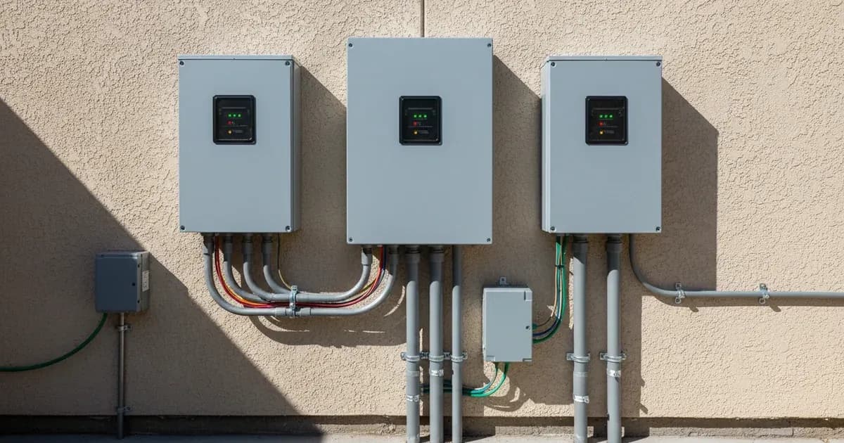 Close-up of a SolarEdge Synergy Manager primary unit with connected secondary units, showing wiring and status indicators — SolarNevs spec card