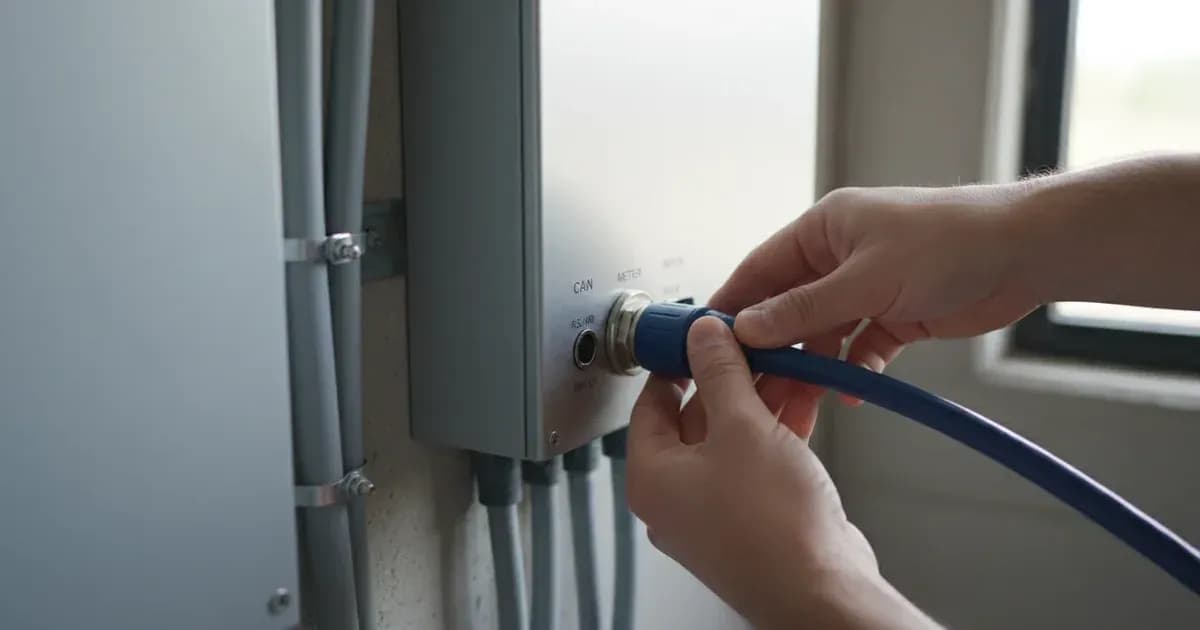 A close-up of a Solis S6 hybrid inverter's communication port panel with a CAN cable being connected — SolarNevs spec card