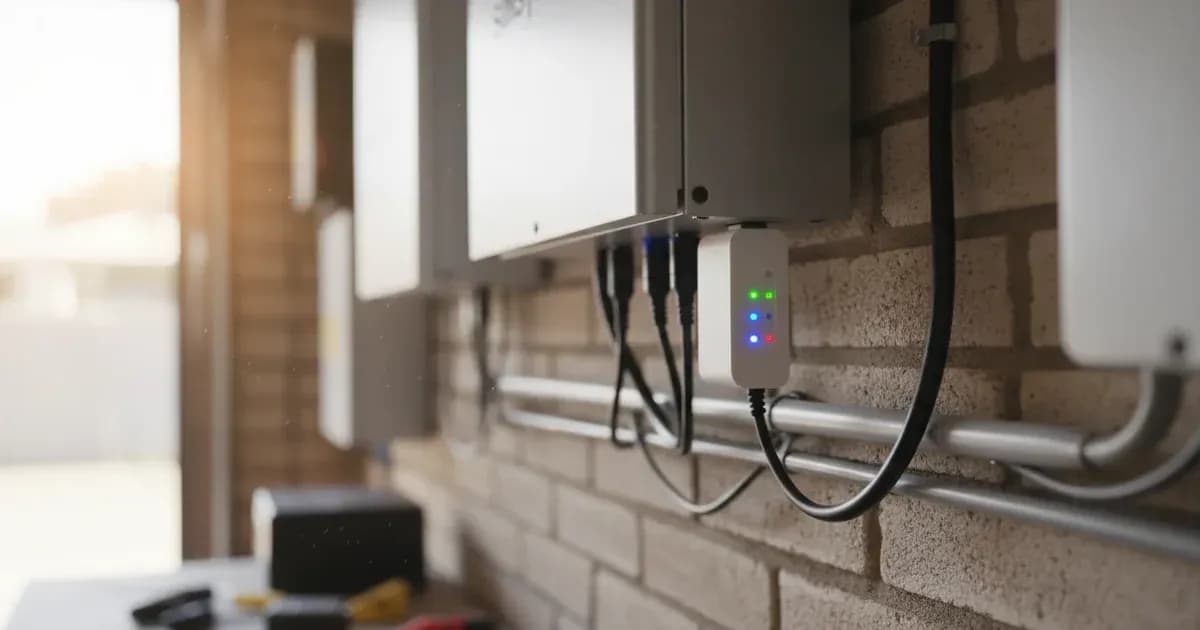 Close-up of a Sunsynk Datalogger connected to an inverter's communication port, with LED lights visible — SolarNevs spec card