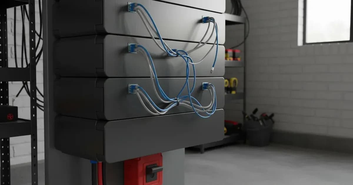 A close-up of a Sunsynk high-voltage battery stack with visible RJ45 communication cables and a DC breaker — SolarNevs spec card