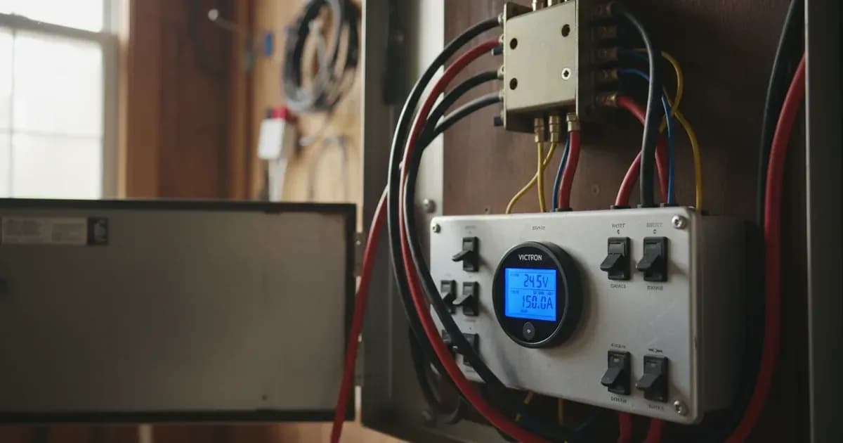 Victron BMV-712 Smart circular LCD display mounted on an off-grid electrical control panel with shunt wiring in background — SolarNevs spec card