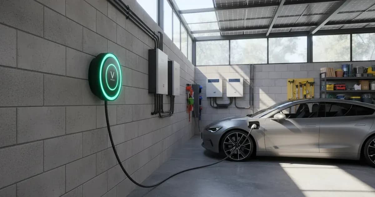 Victron EV Charging Station wall-mounted in a solar-equipped garage with illuminated RGB light ring charging an electric vehicle — SolarNevs spec card