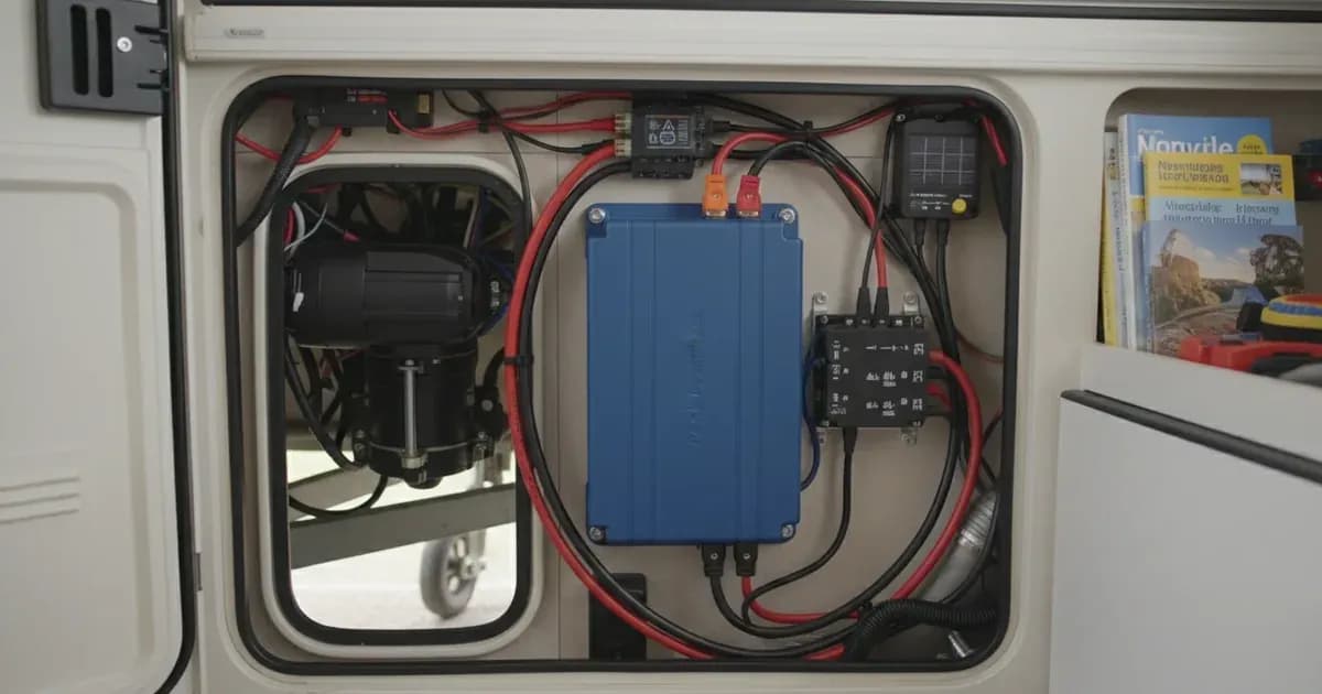 A Victron Peak Power Pack unit installed in a caravan or mobile application, showing cable connections to a mover and domestic loads — SolarNevs spec card