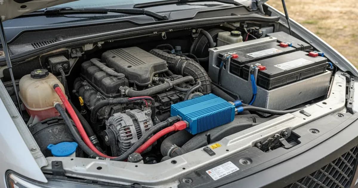 Victron Smart BMS 12-200 installed in an expedition campervan engine bay connecting starter alternator and lithium service battery bank — SolarNevs spec card