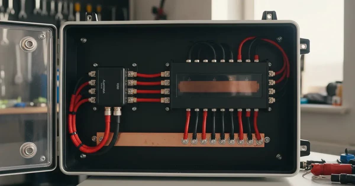 Photo showing a Victron SmartShunt 500A and Lynx Distributor M8 connected in a modular DC busbar setup within a battery enclosure — SolarNevs spec card