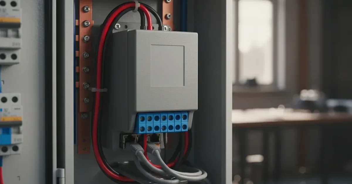 A close-up of the Victron VM-3P5A meter mounted on a DIN rail, showing CT wiring terminals and RJ45 ports — SolarNevs spec card