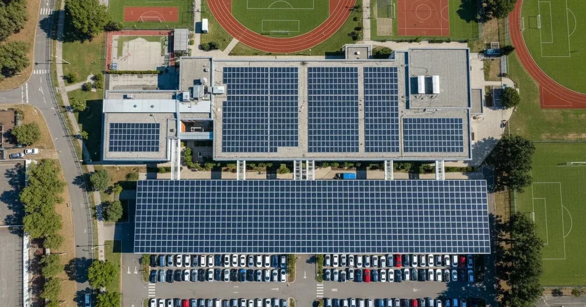 An aerial shot of a school building with solar panels visible on its roof, and a solar canopy over a car park in the foreground — SolarNevs spec card