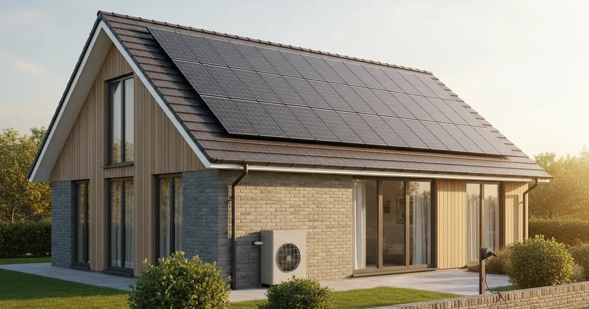 A modern UK home with solar panels on the roof and an air source heat pump unit visible outside — SolarNevs spec card