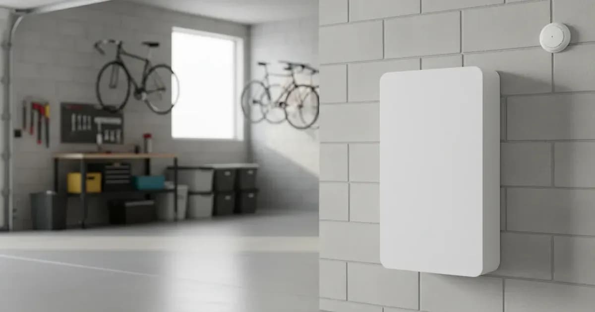 A clear, well-lit image of a domestic battery storage unit installed in a garage, showing clear space around it and a fire alarm visible on the wall — SolarNevs spec card