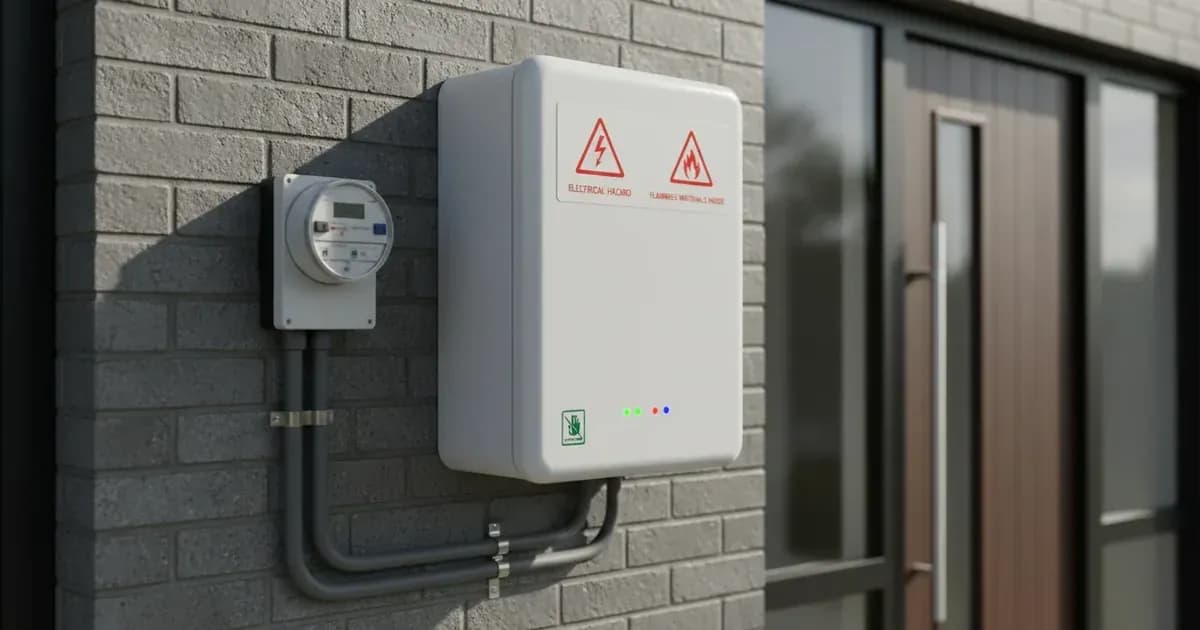 A close-up of a domestic battery storage unit with clear safety labels, installed neatly on an exterior wall of a modern British home — SolarNevs spec card