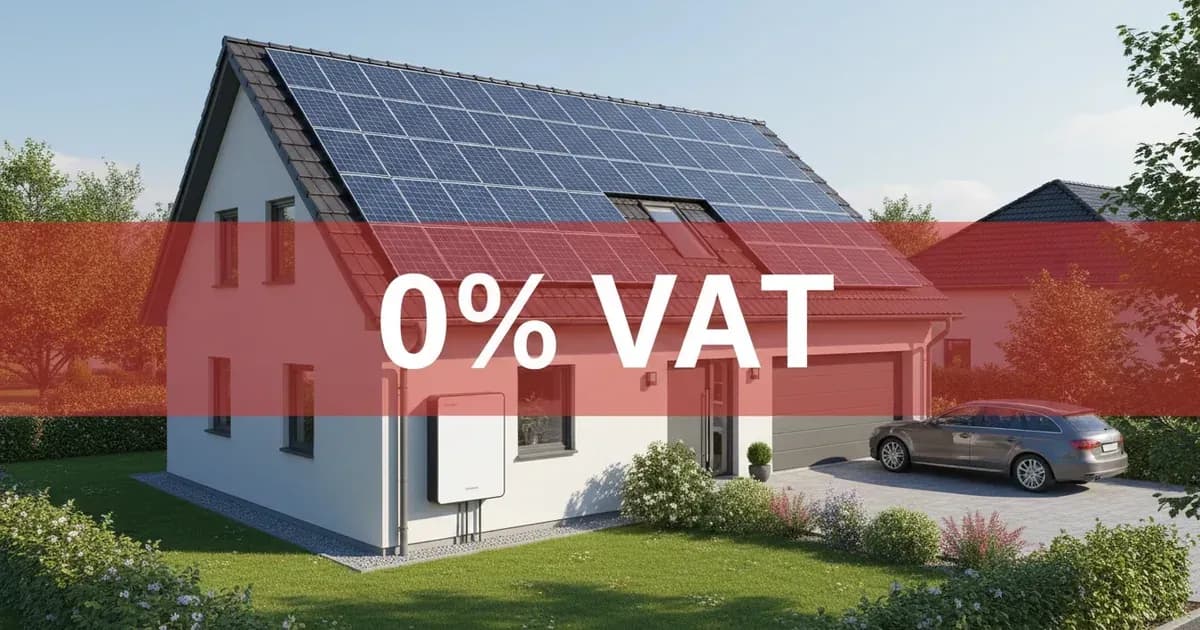 A graphic illustrating a home with solar panels and a battery storage unit, with a "0% VAT" overlay — SolarNevs spec card