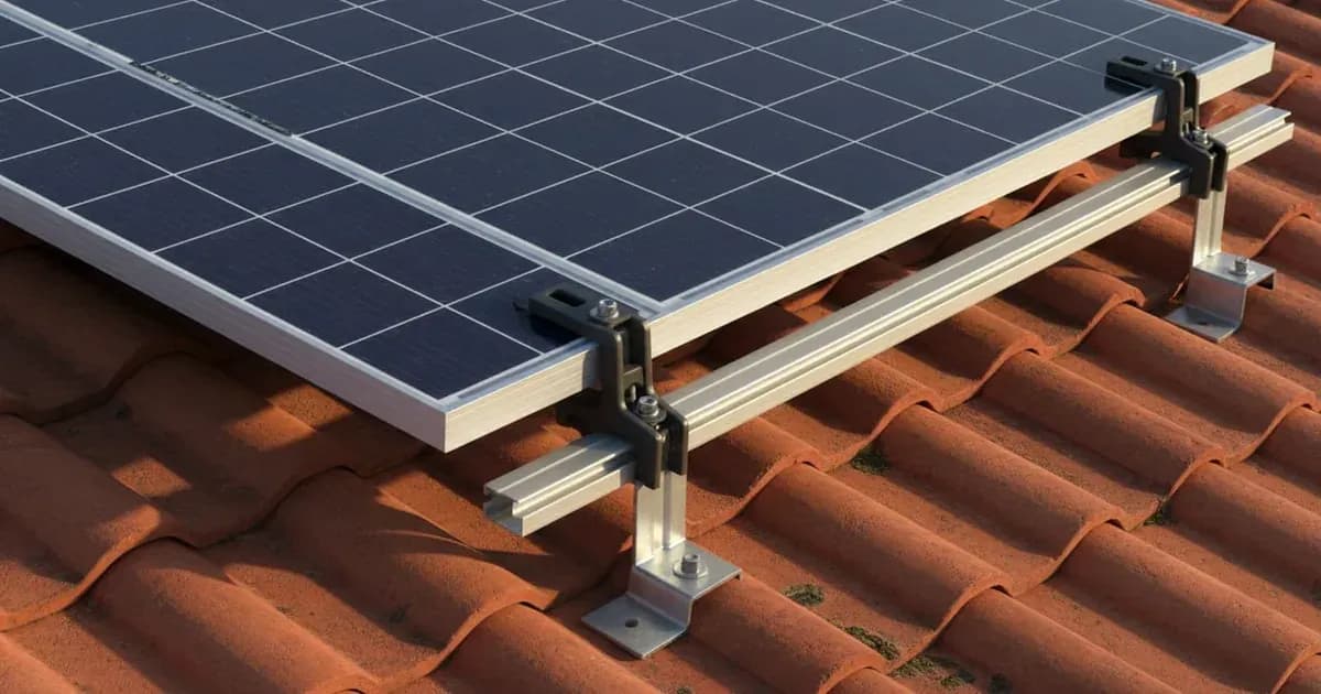 A close-up of a securely mounted solar panel on a tiled roof, showing robust clamping and mounting rails — SolarNevs spec card
