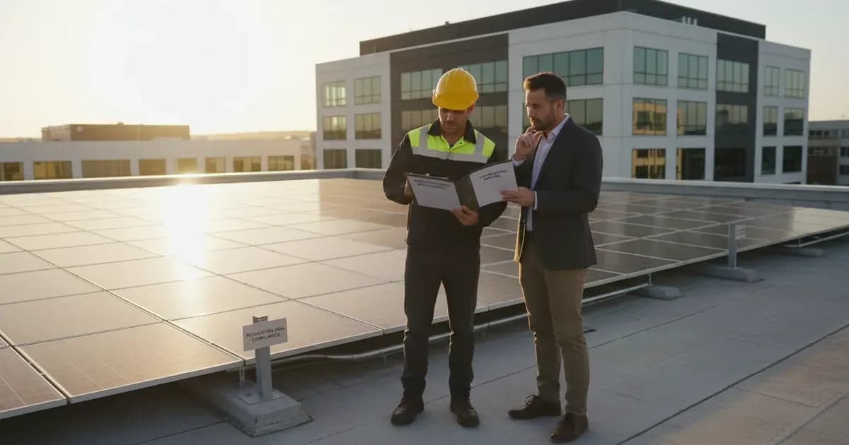 Certified solar installer presenting commissioning handover pack and operating manual to commercial building owner under Regulation 40A — SolarNevs spec card