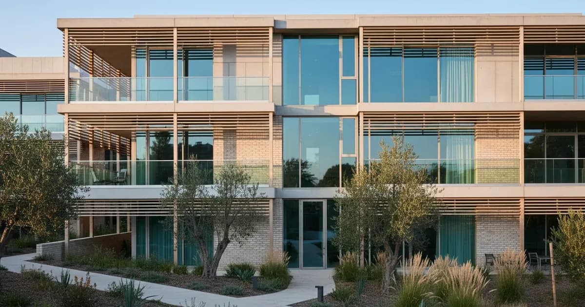 Modern residential building designed with passive solar shading louvres and high-performance low-g glazing meeting Part O standards — SolarNevs spec card