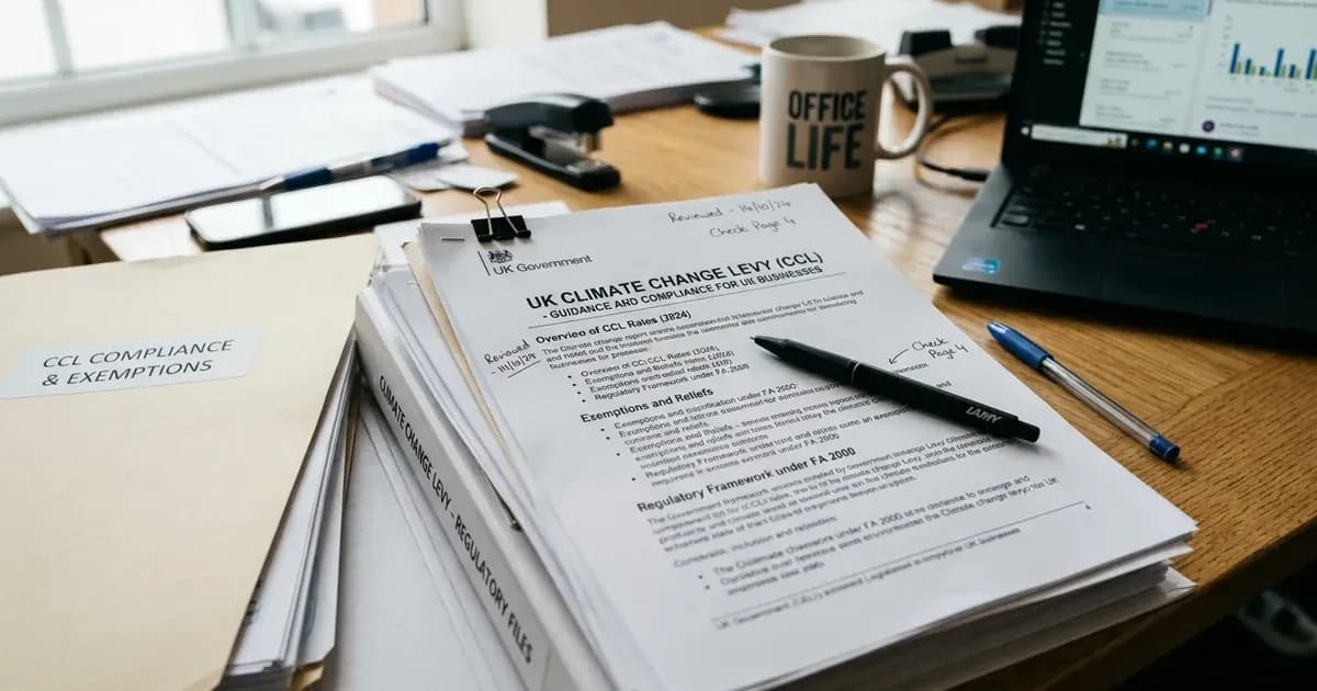 UK Climate Change Levy compliance guidance documents and folders on a workplace desk. — SolarNevs spec card