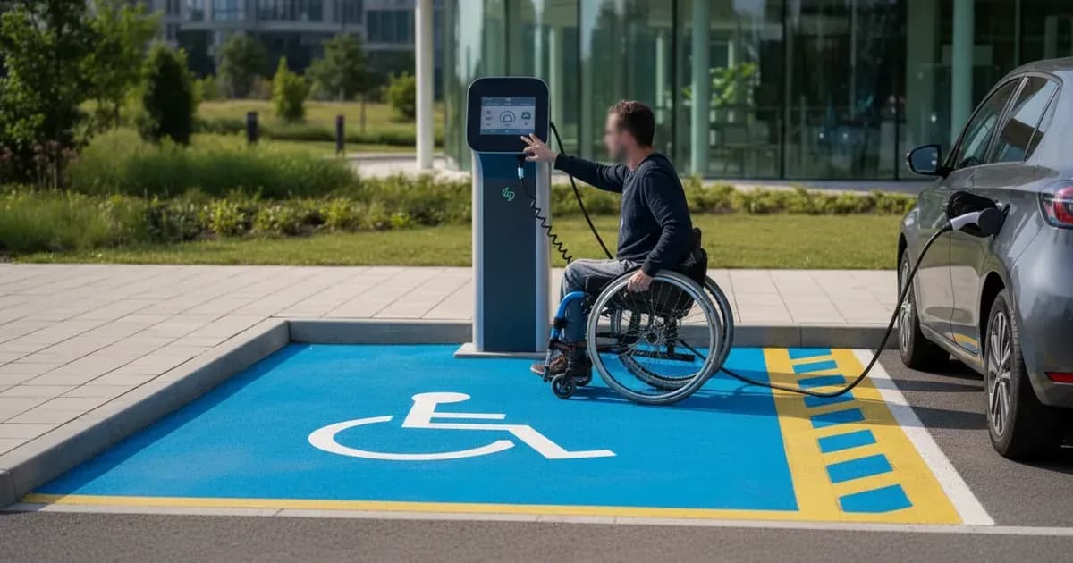 An accessible EV charging bay with clear markings and a user interacting with a low-height screen — SolarNevs spec card