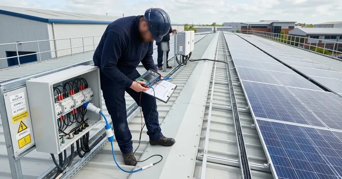 Electrician testing an open DC combiner box beside rooftop solar panel arrays on an industrial building. — SolarNevs spec card