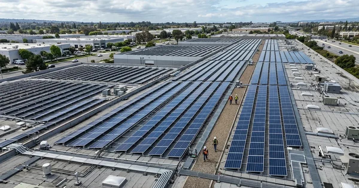 Extensive commercial rooftop solar panel array on a large warehouse roof. — SolarNevs spec card