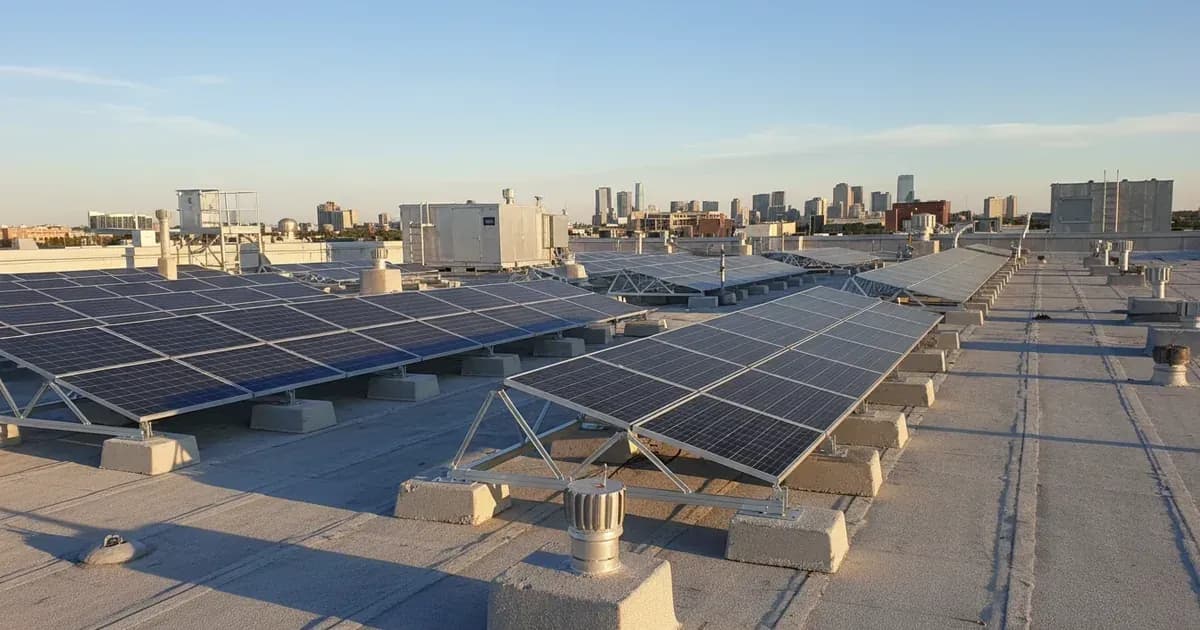 A commercial rooftop with solar panels, showing the mounting structure and ballast blocks — SolarNevs spec card