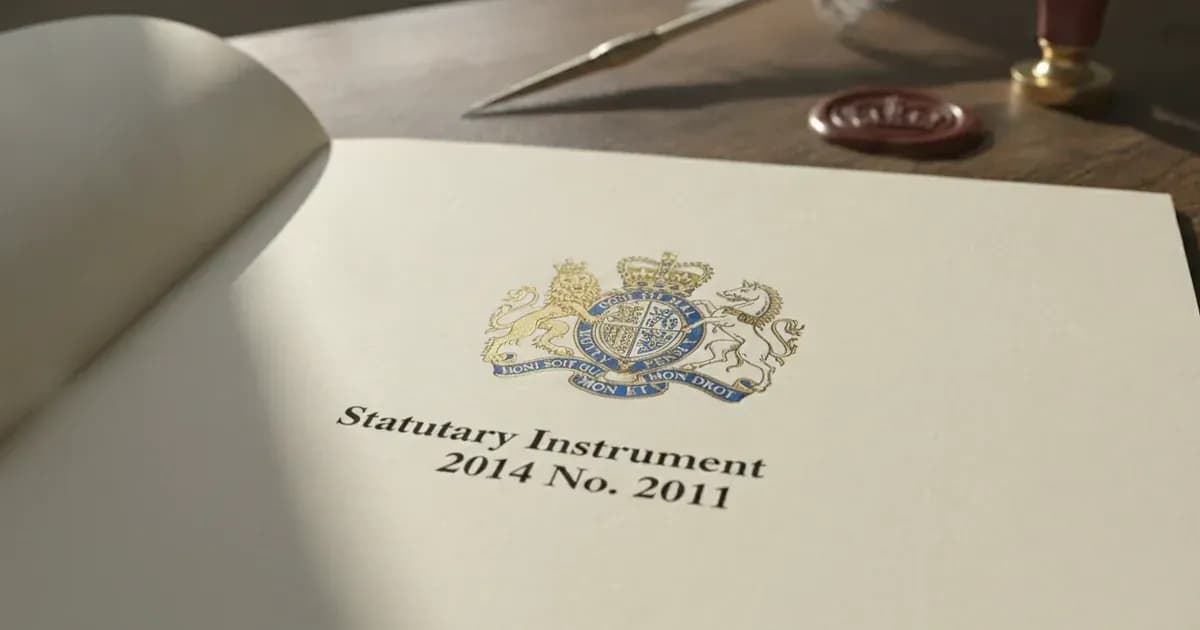 UK Statutory Instruments document showing the official royal coat of arms on a wooden desk. — SolarNevs spec card