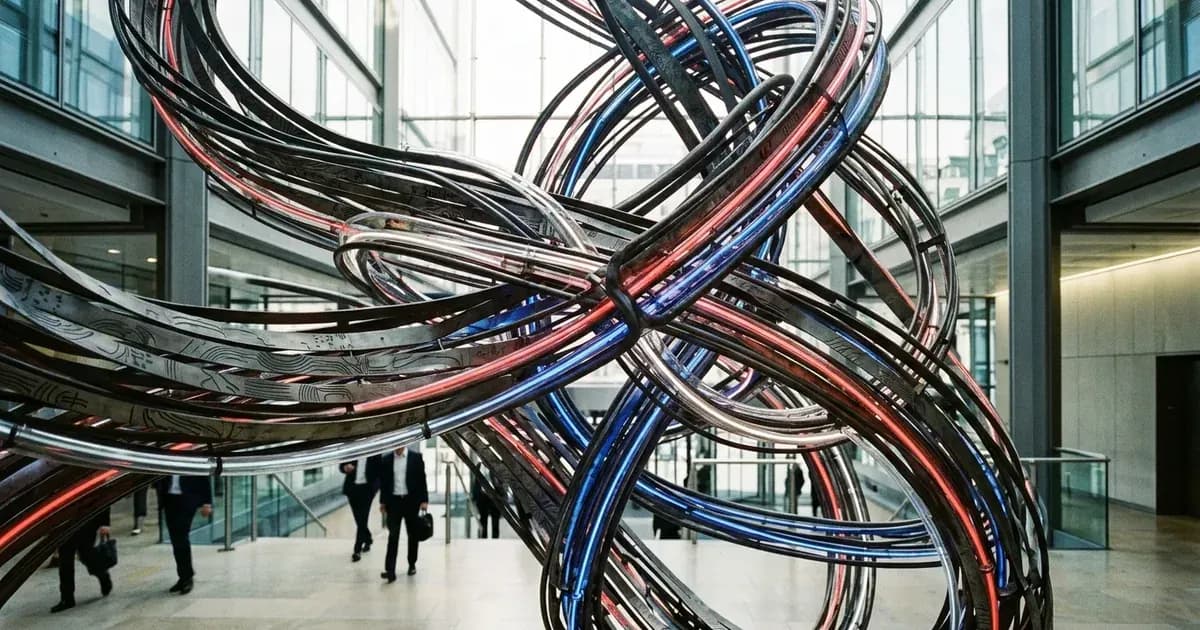 Modern sculpture of intertwined red and blue light tubes in an office atrium representing energy flows. — SolarNevs spec card