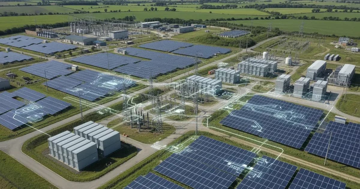 An illustration showing the UK electricity grid with solar panels and battery storage units, highlighting regulatory documents — SolarNevs spec card