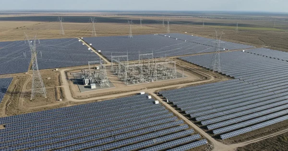 An aerial view of a large-scale solar farm connected to a high-voltage substation with visible transmission lines — SolarNevs spec card