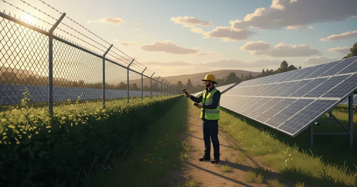 A stylized illustration of a local authority officer inspecting a solar farm boundary, with a sound meter — SolarNevs spec card