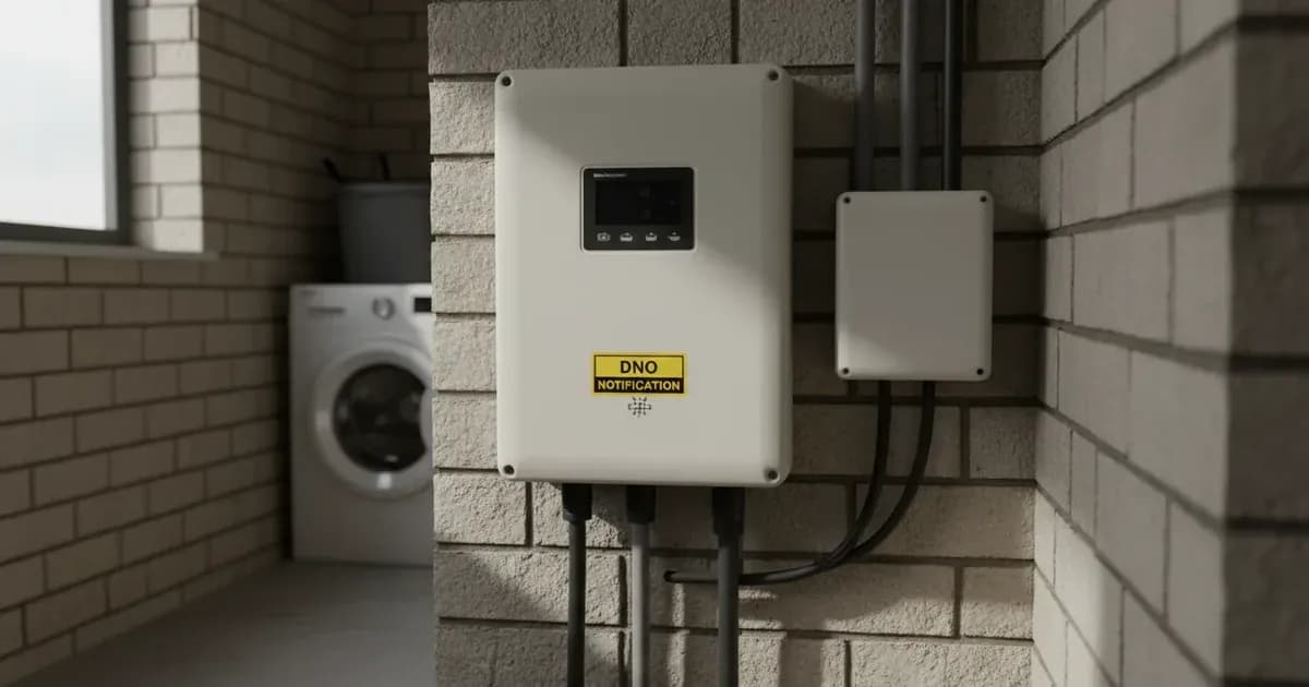 A clear photo of a UK domestic solar PV inverter with DNO notification sticker visible — SolarNevs spec card