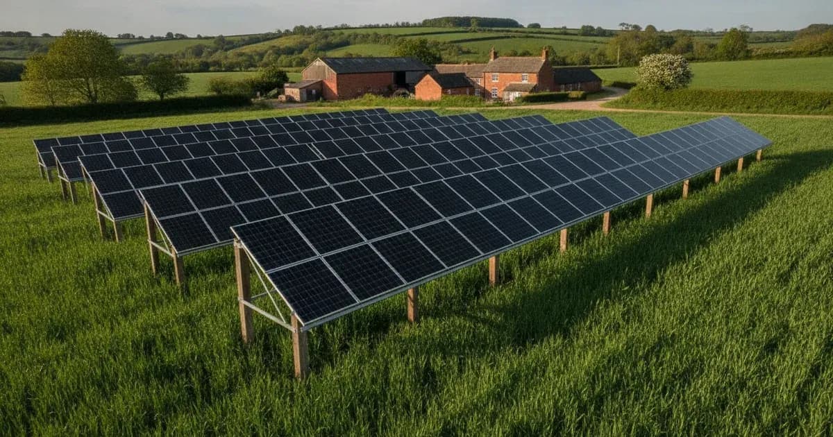 A wide shot of solar panels installed over a crop field on a farm in Great Britain, with farm buildings in the background — SolarNevs spec card