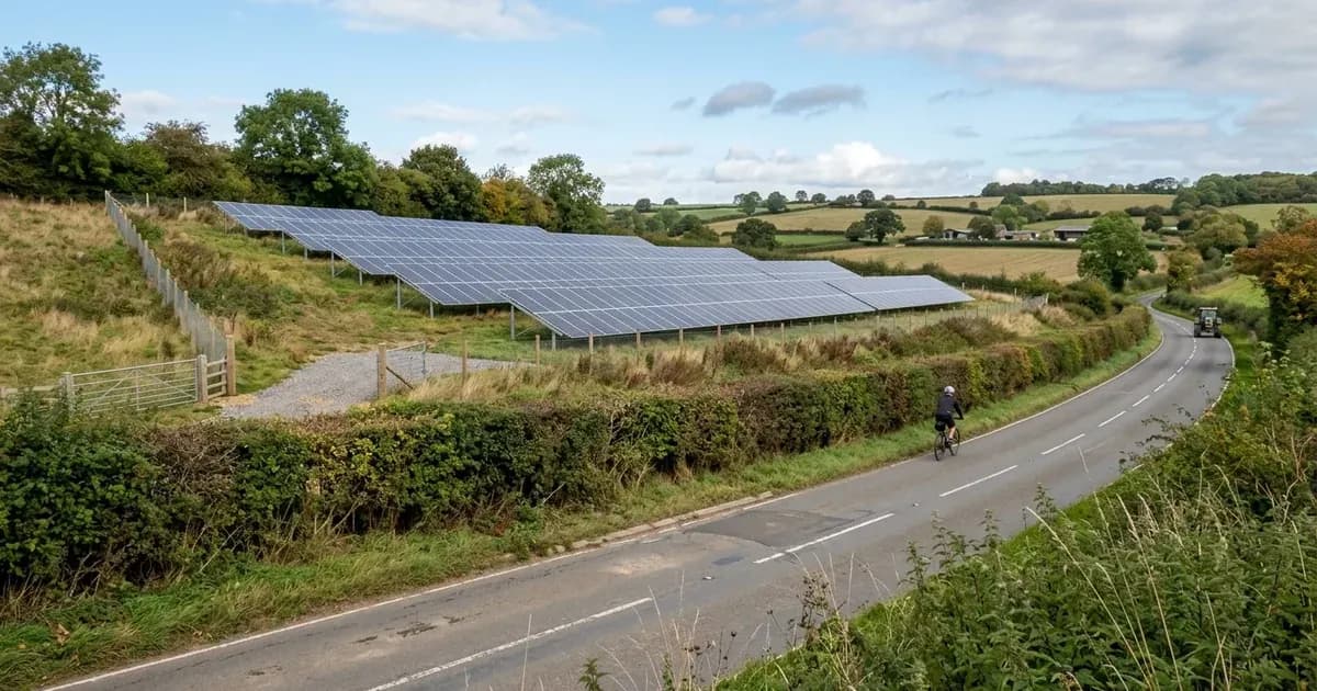 Ground-mounted solar panel array installed in a field alongside a rural road and hedgerow. — SolarNevs spec card