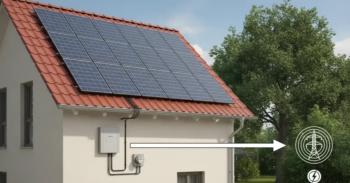A diagram showing a solar array connected to a house, with an arrow pointing to a grid connection point and a DNO logo — SolarNevs spec card