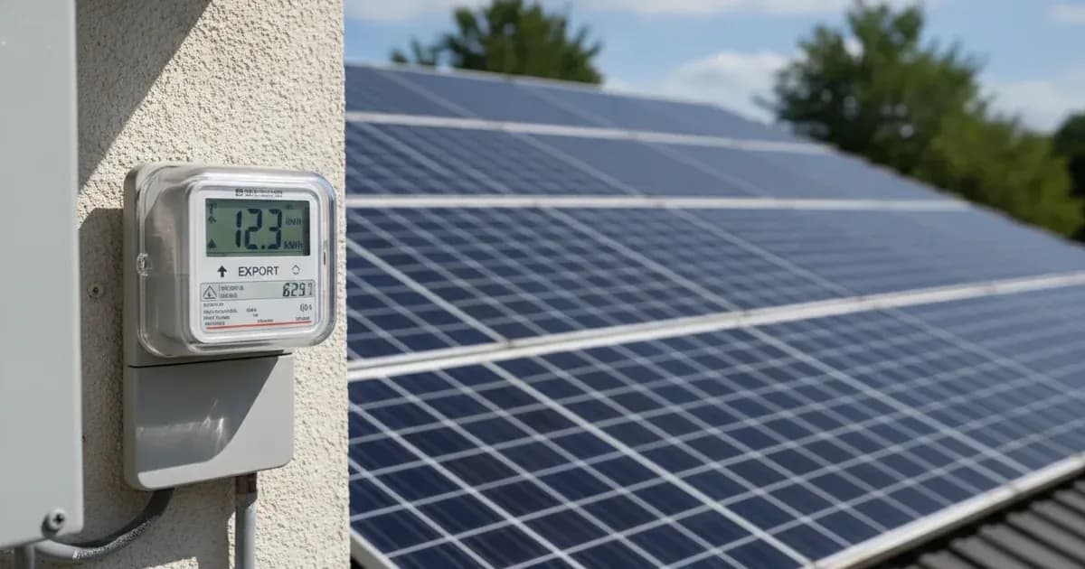 A smart meter displaying export data, possibly with a solar panel array in the background — SolarNevs spec card
