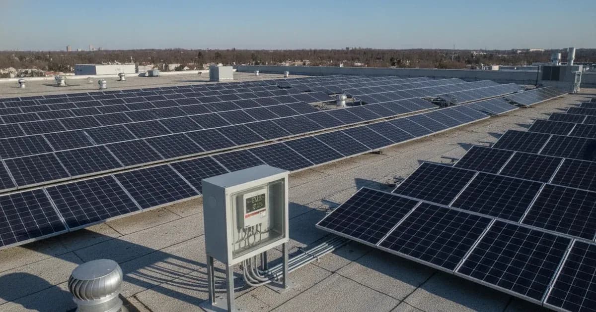 A commercial rooftop solar array with multiple inverters, connected to a grid meter — SolarNevs spec card