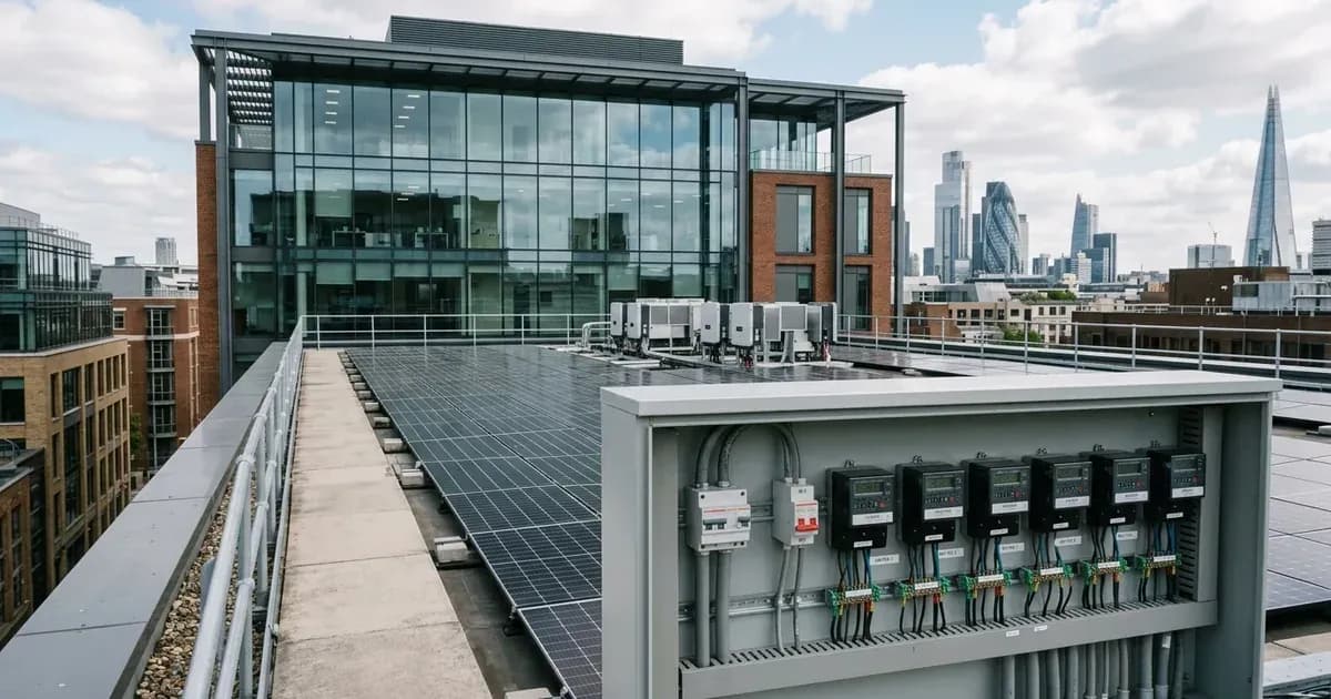 Commercial rooftop solar PV array with tenant sub-metering distribution panel overlooking city skyline. — SolarNevs spec card