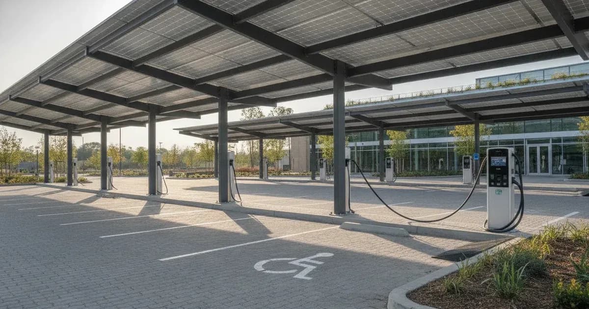 A high quality technical diagram of uk pas 1899 solar carport and accessible ev charging guide — SolarNevs spec card