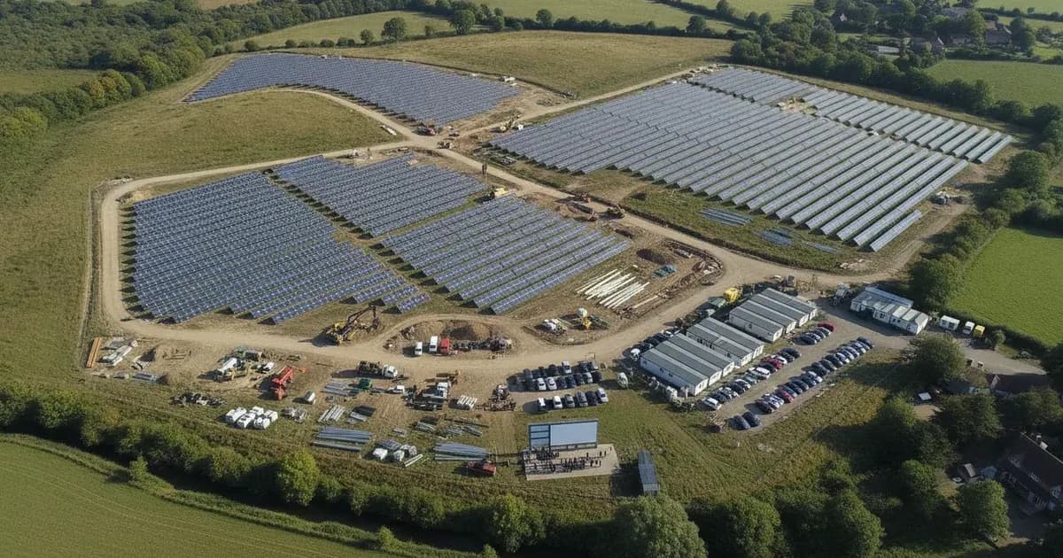 Aerial view of a large-scale 100MW ground-mounted solar farm undergoing Development Consent Order examination under the Planning Act 2008 — SolarNevs spec card