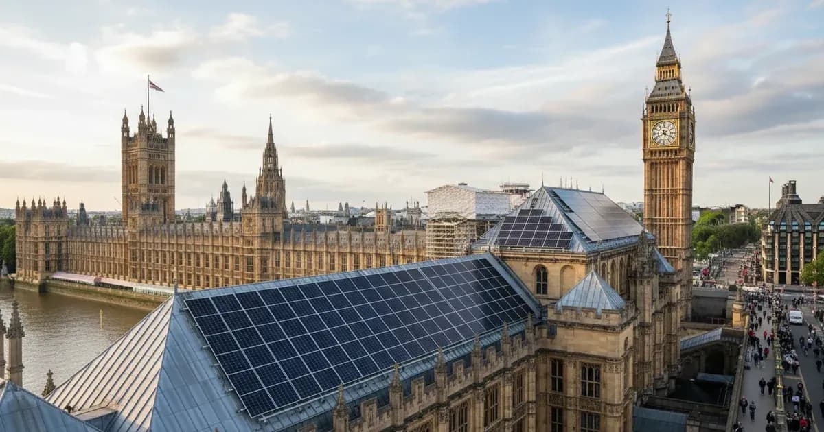 A photo of the UK Parliament building with a subtle overlay of solar panels on its roof, symbolising statutory energy regulation — SolarNevs spec card